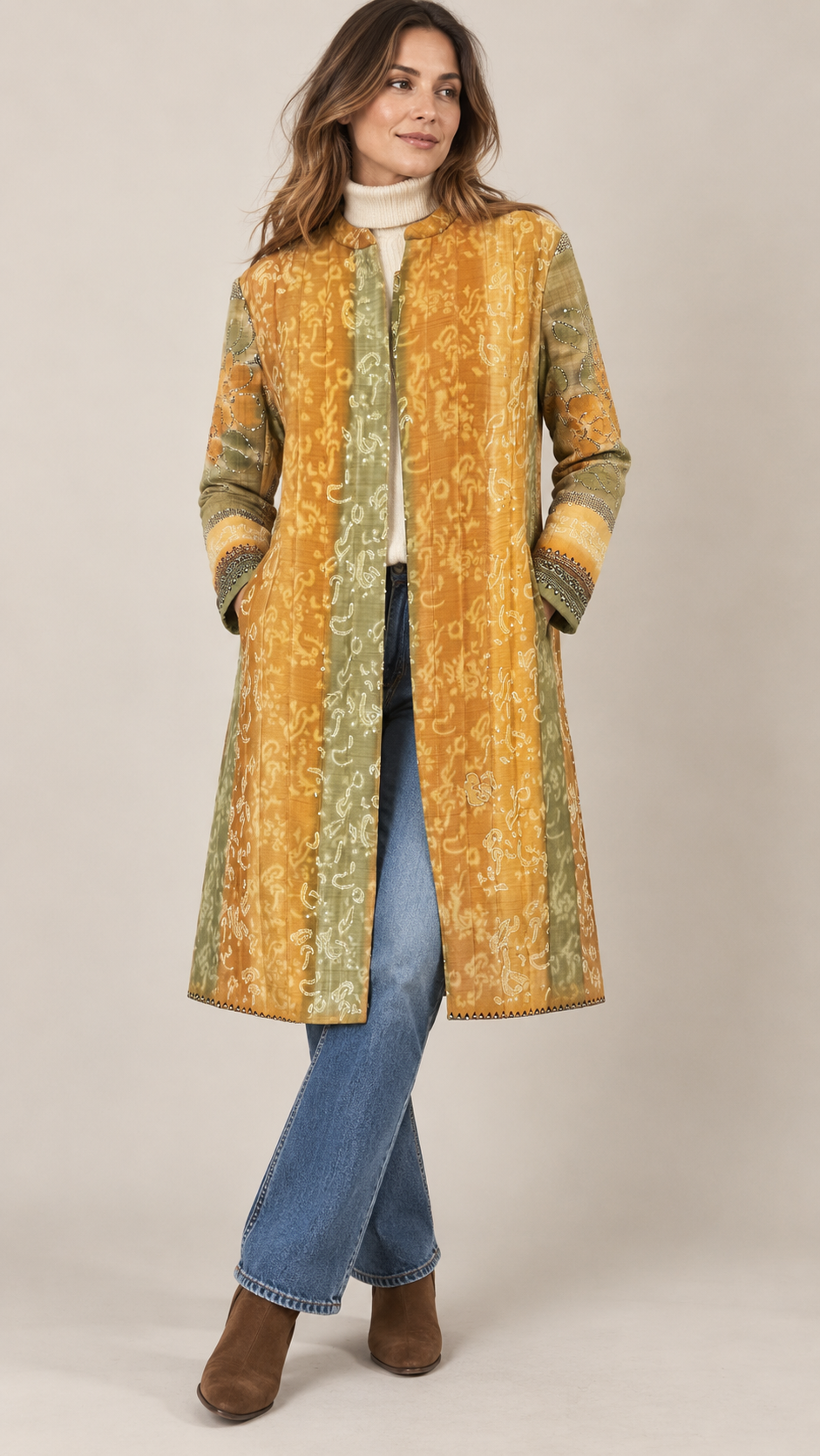 Vintage Silk Statement Coat – Ochre & Sage