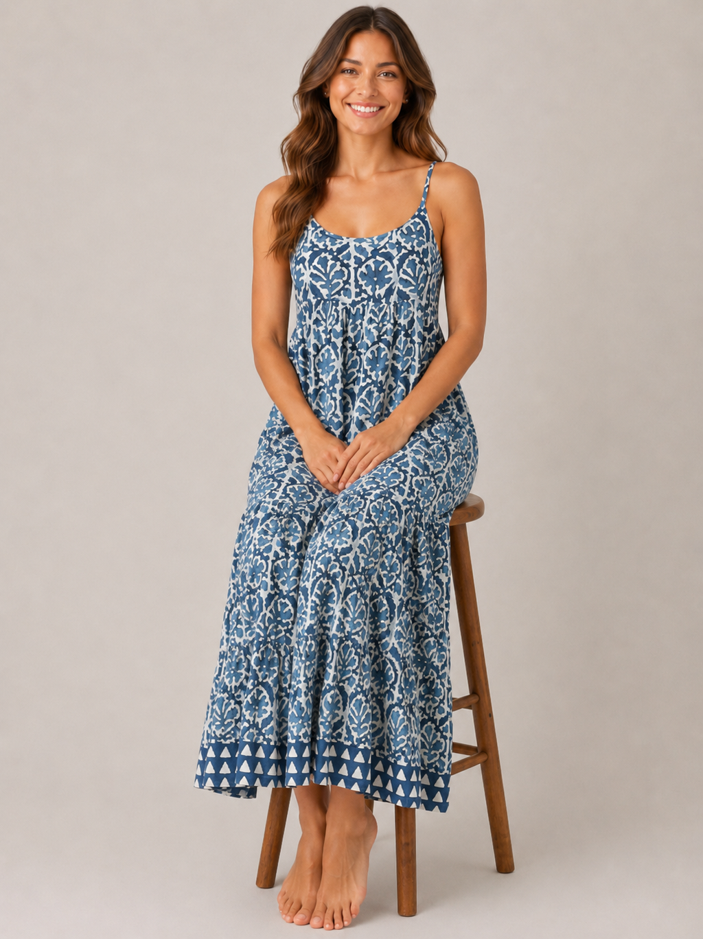Hand Block printed Summer Dress in Indigo Blue