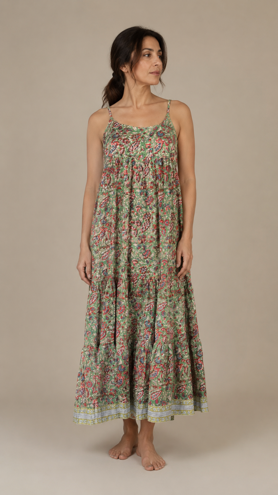 Hand Block printed Summer Dress in forest green with red floral block prints