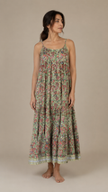 Hand Block printed Summer Dress in forest green with red floral block prints
