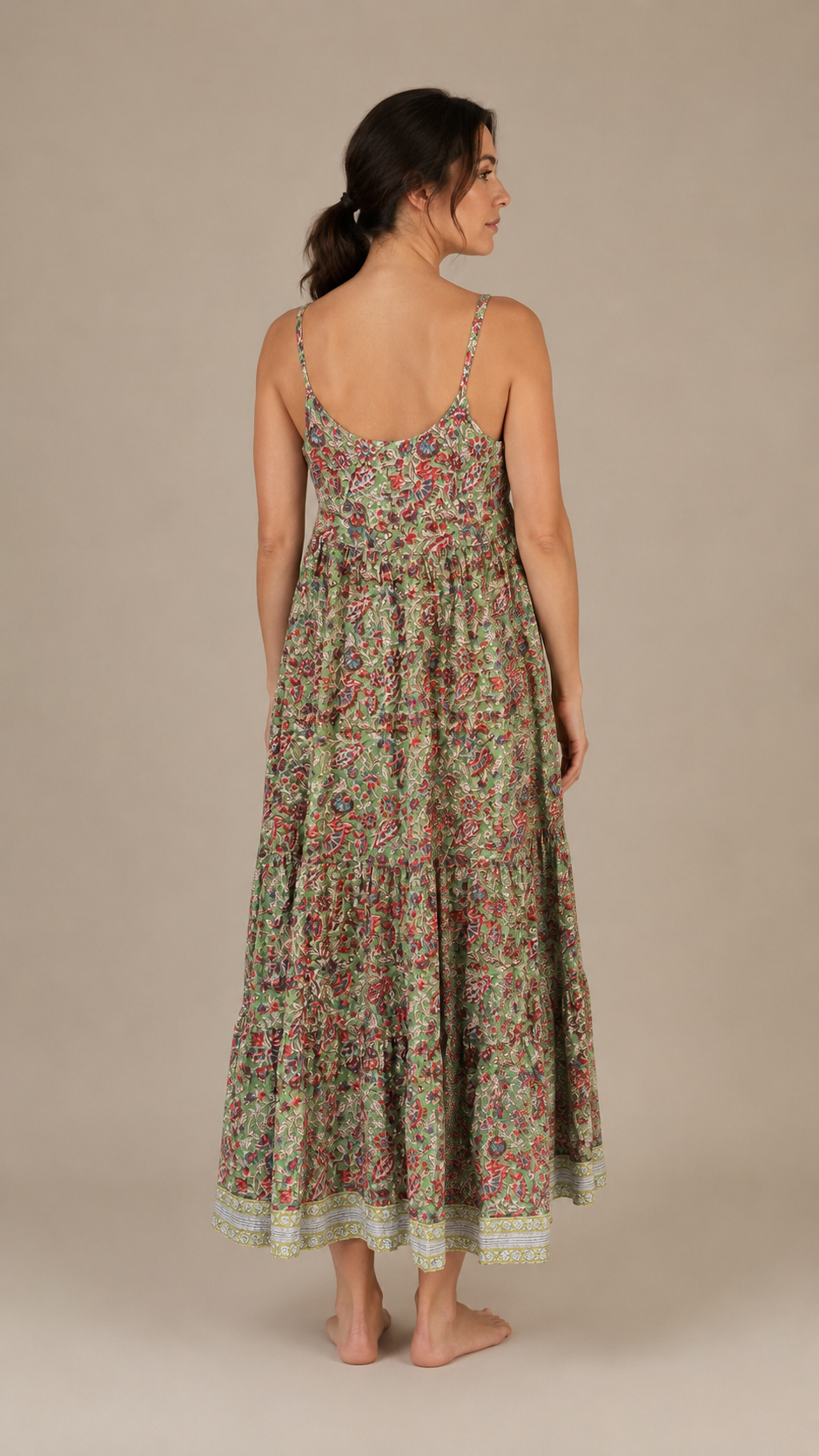 Hand Block printed Summer Dress in forest green with red floral block prints