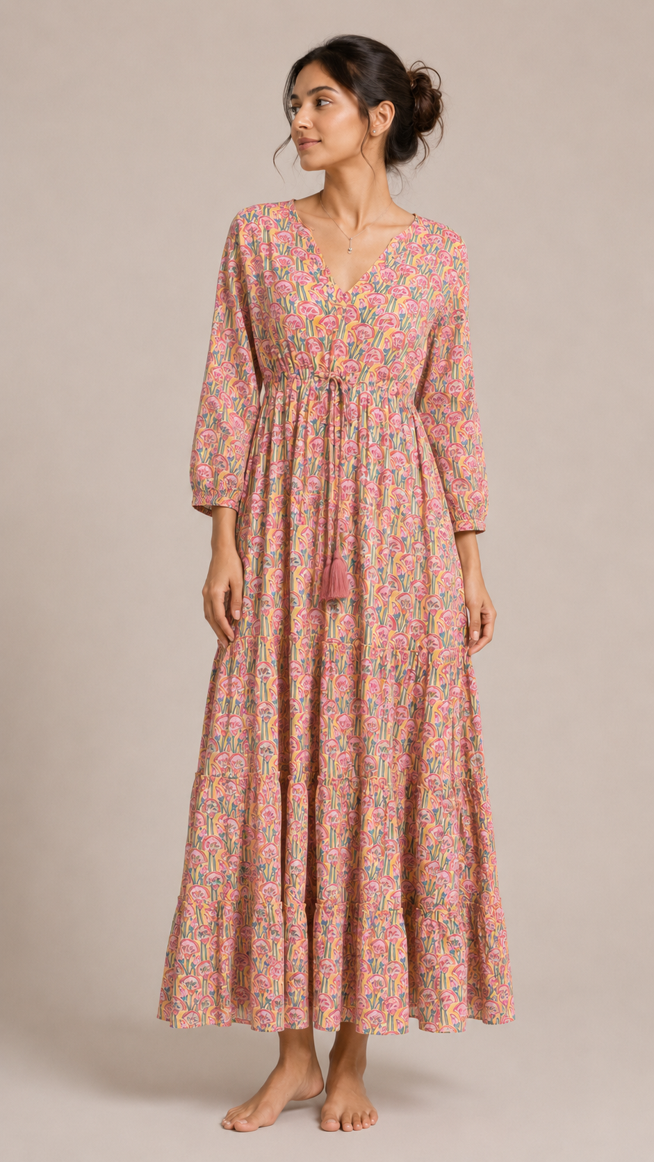 Long Sleeve Valentina Dress in yellow with pink motifs