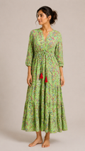 Long Sleeve Valentina Dress in lime green with floral red motifs