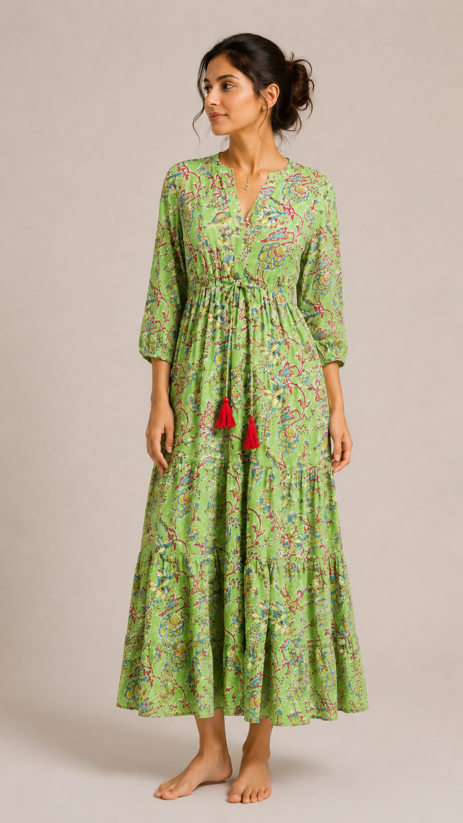 Long Sleeve Valentina Dress in lime green with floral red motifs