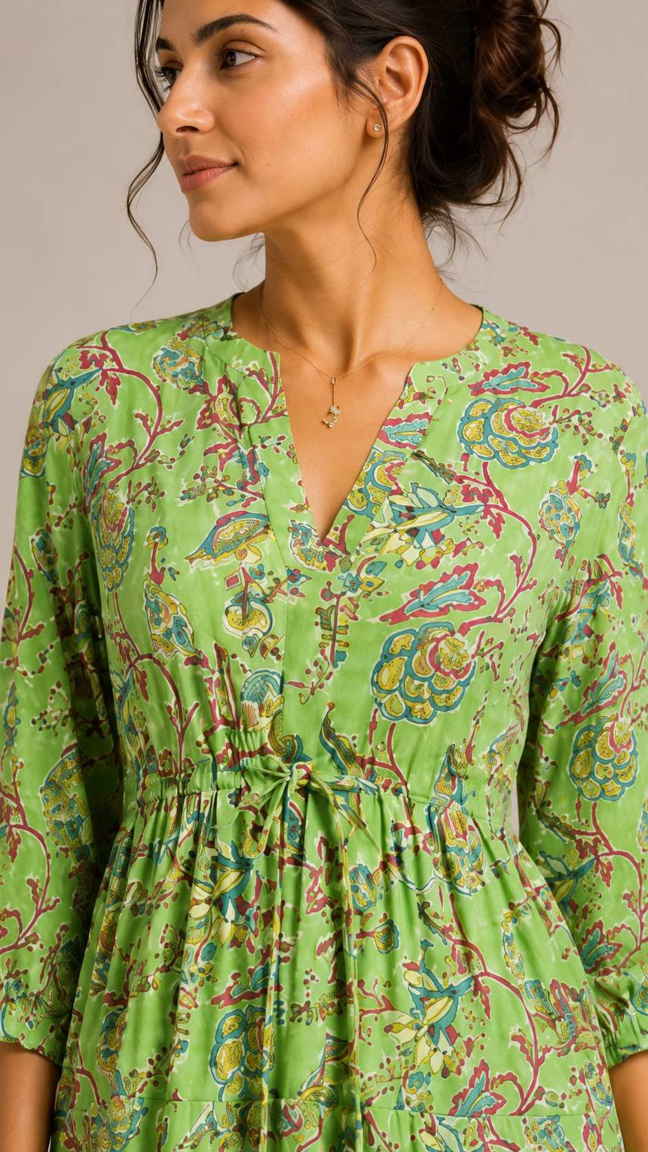 Long Sleeve Valentina Dress in lime green with floral red motifs