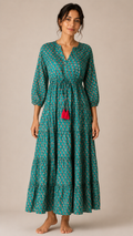 Long Sleeve Valentina Dress in sea green with small red motifs