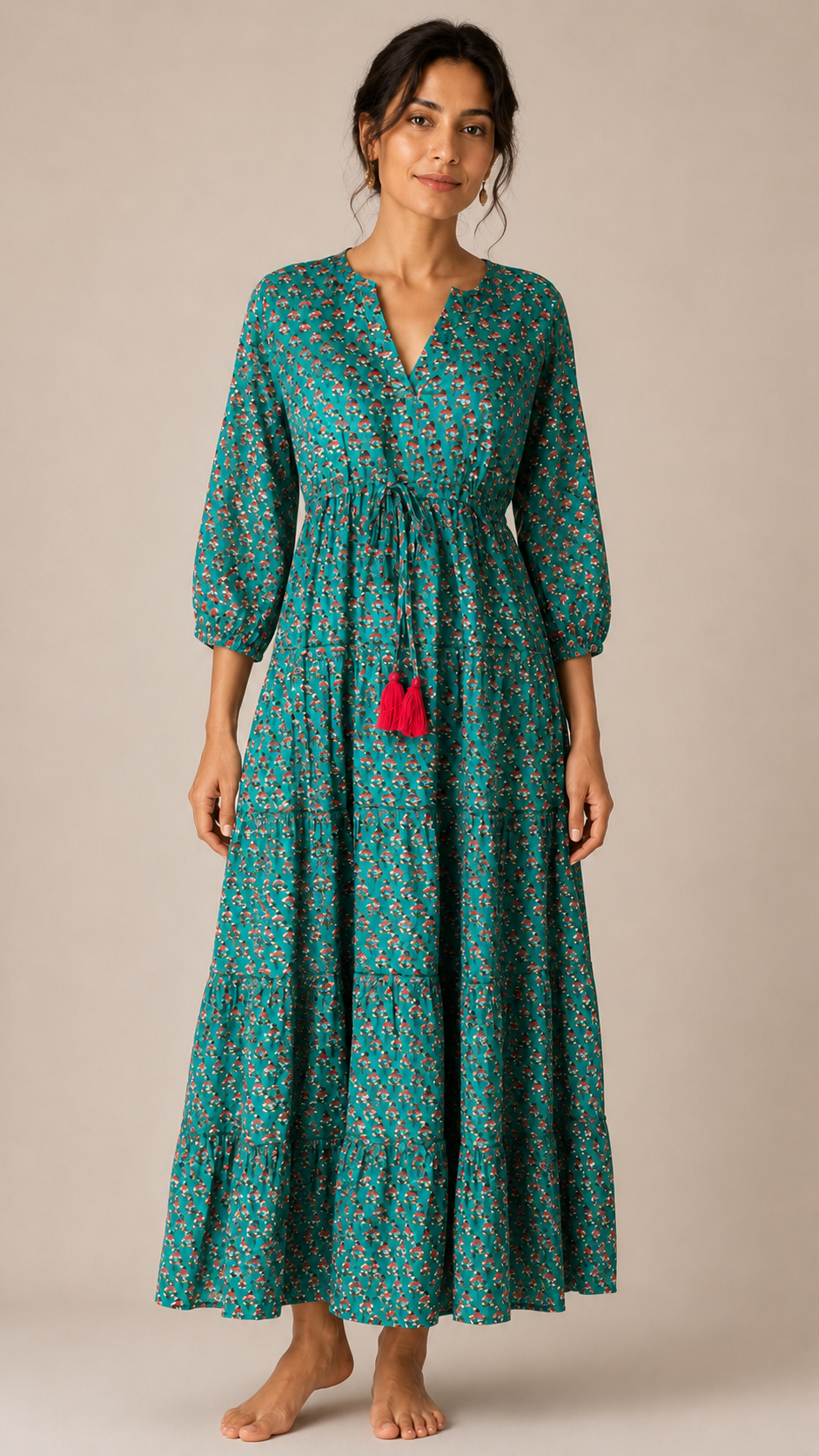 Long Sleeve Valentina Dress in sea green with small red motifs