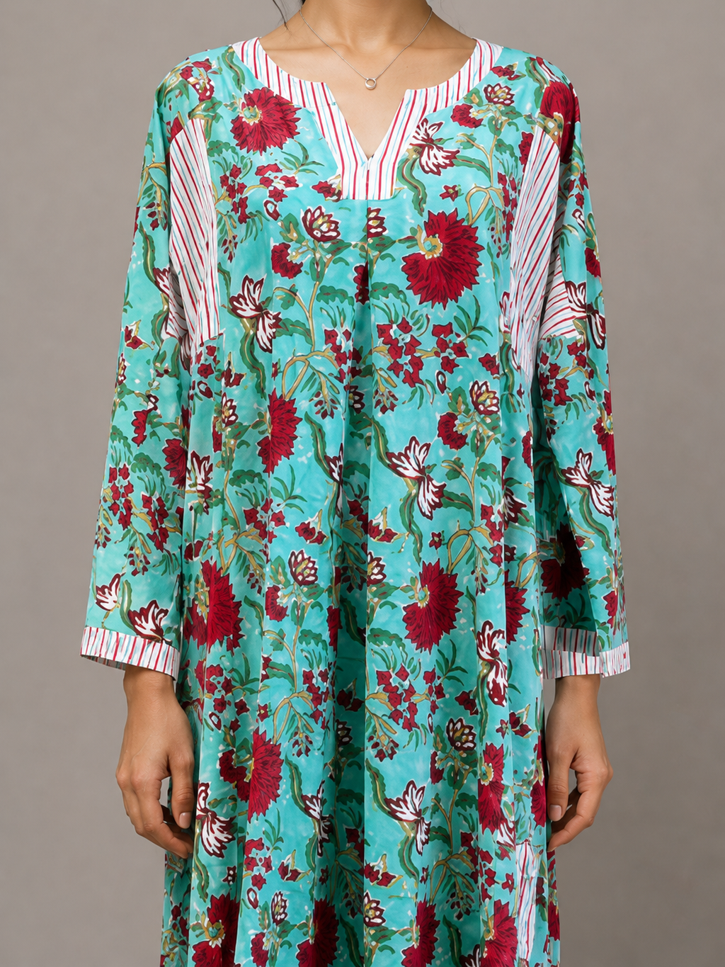 Hand Block Printed Long Tunic in Teal green