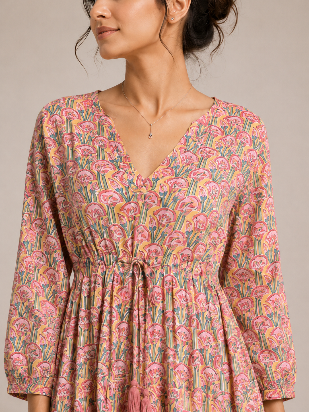 Long Sleeve Valentina Dress in yellow with pink motifs