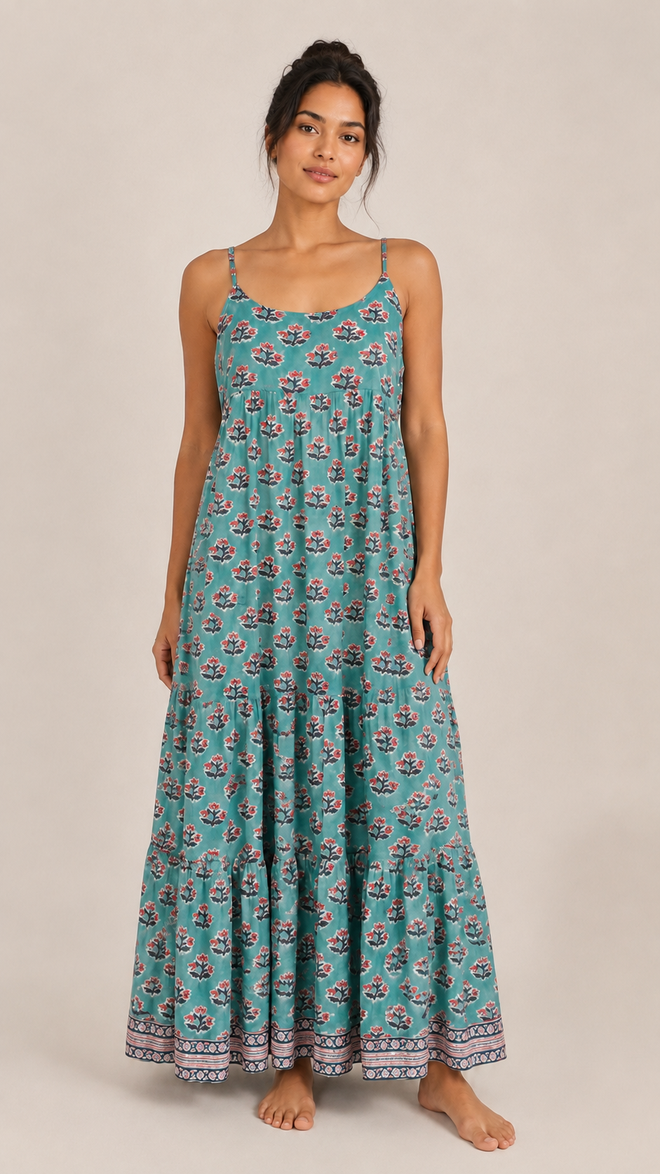 Hand Block Printed Summer Dress in light blue with pink motifs
