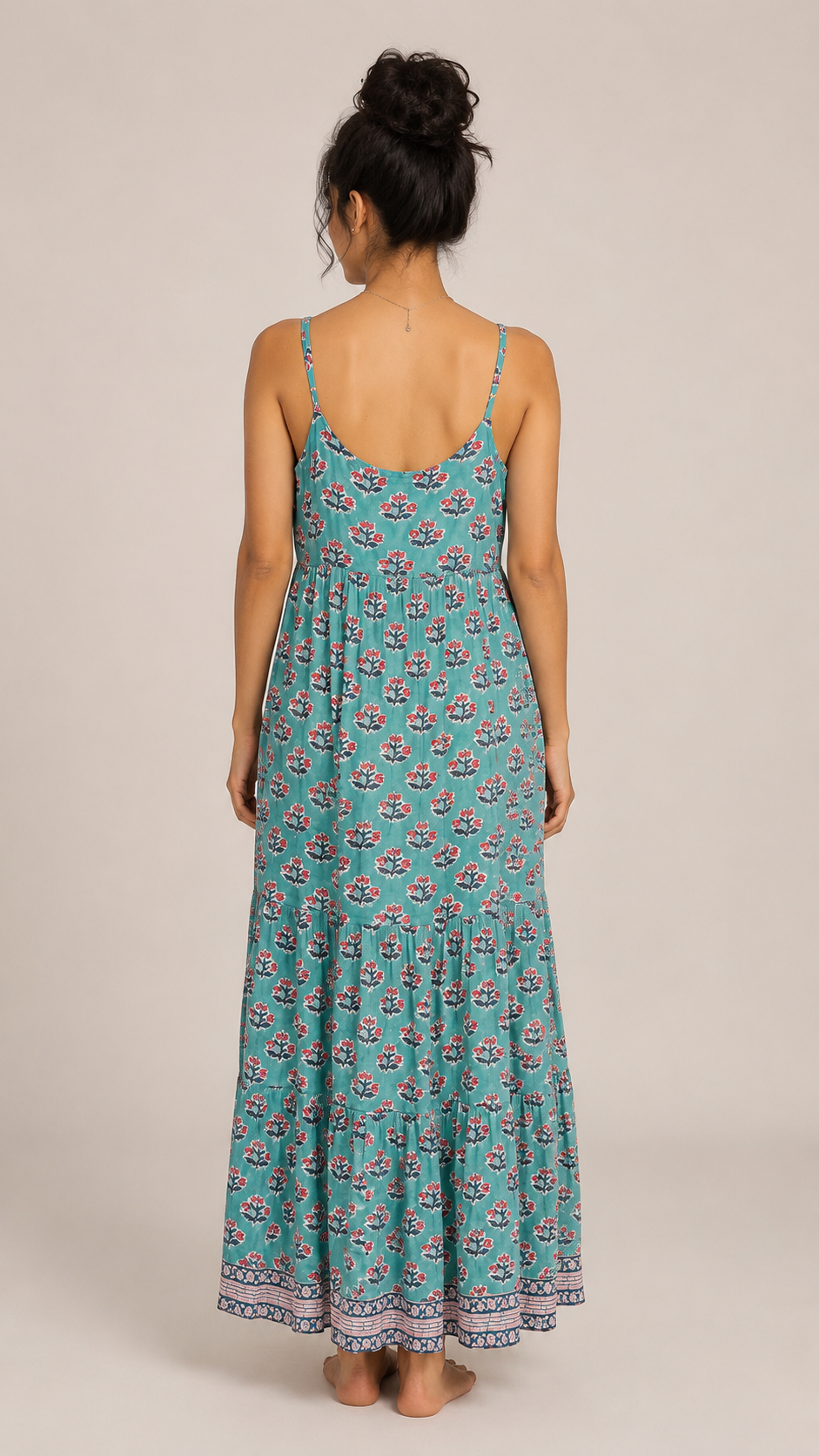 Hand Block Printed Summer Dress in light blue with pink motifs