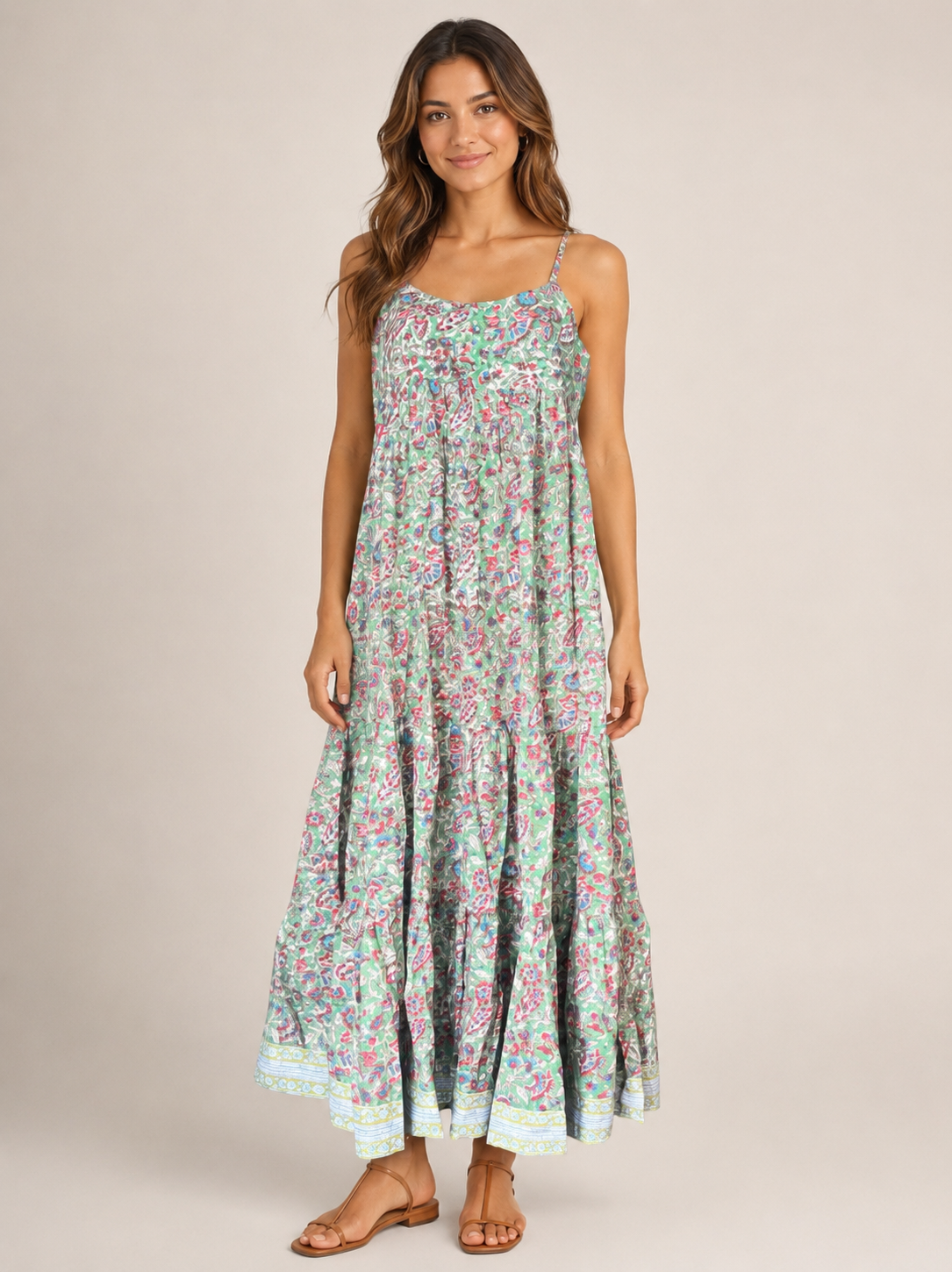 Hand Block Printed Summer Dress in green with red flecks