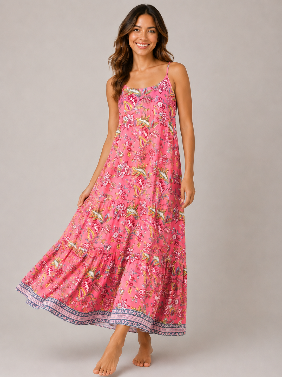 Hand Block Printed Summer Dress Pink with red