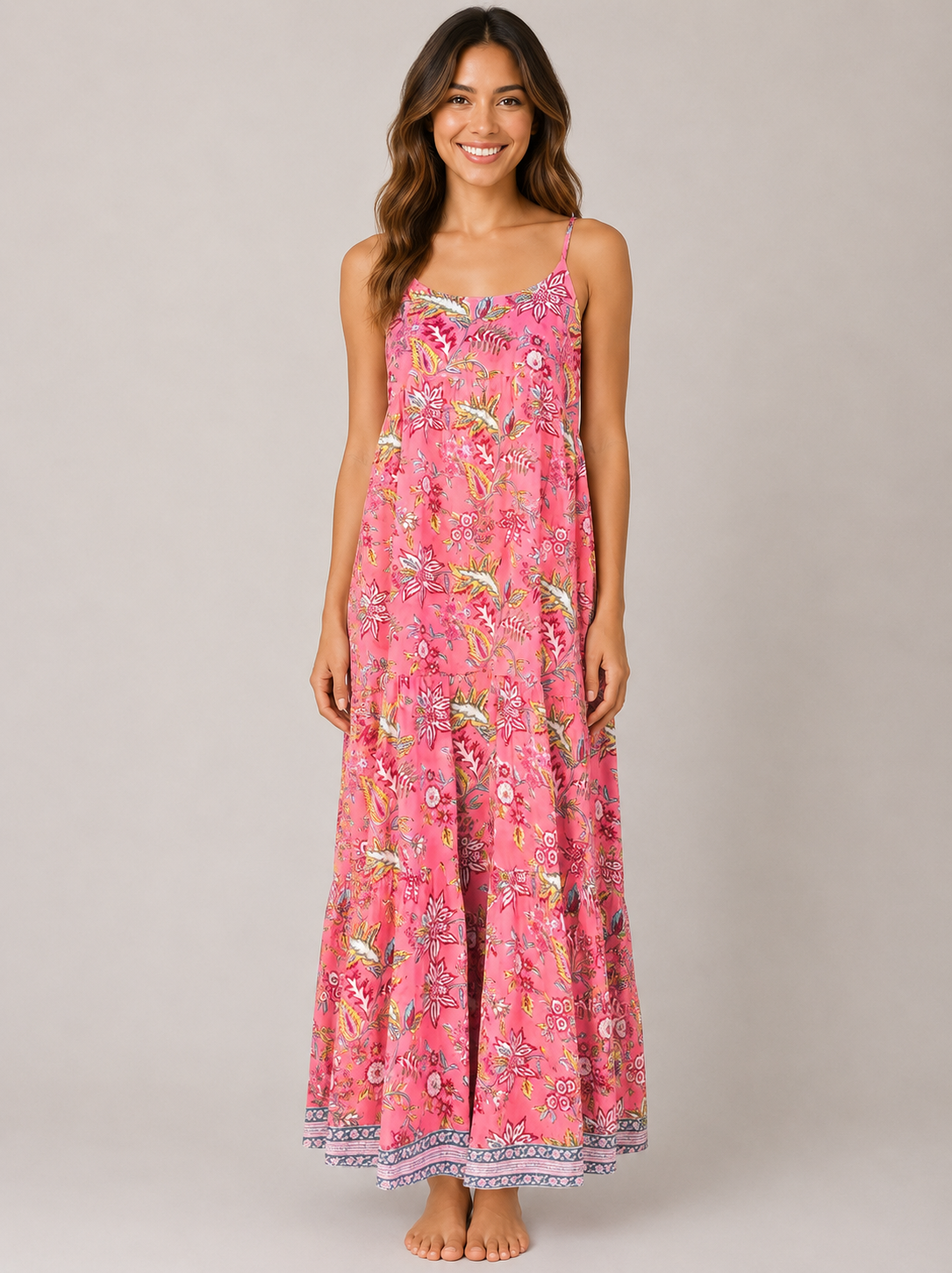 Hand Block Printed Summer Dress Pink with red