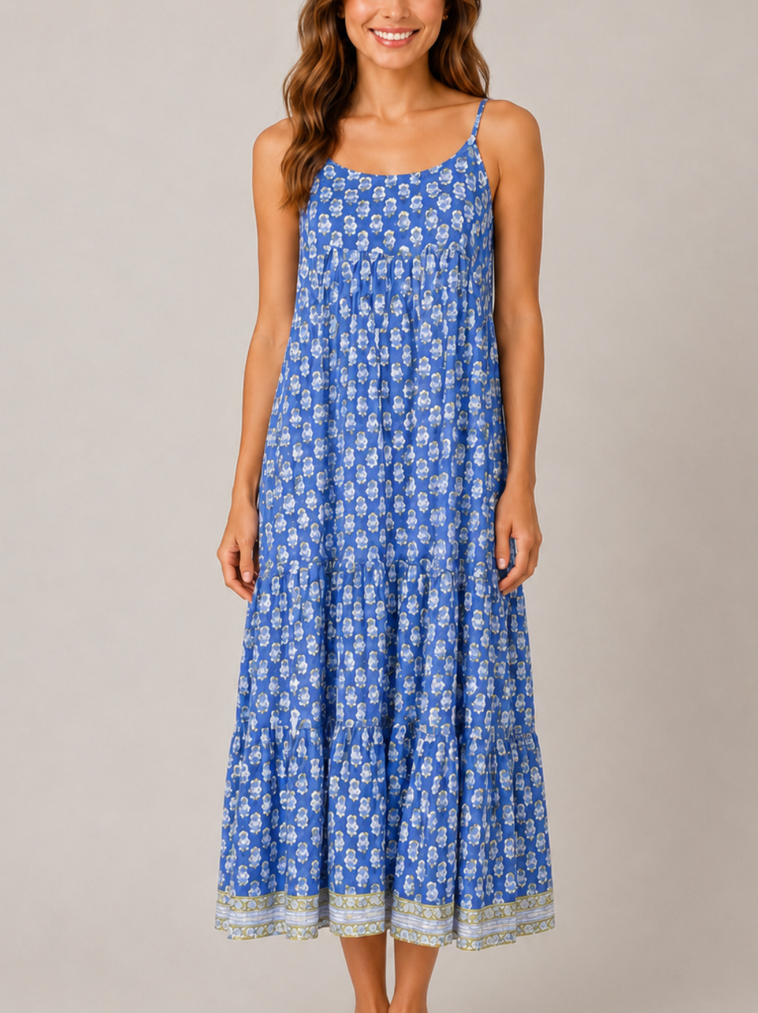 Hand Block Printed summer dress in blue and teal