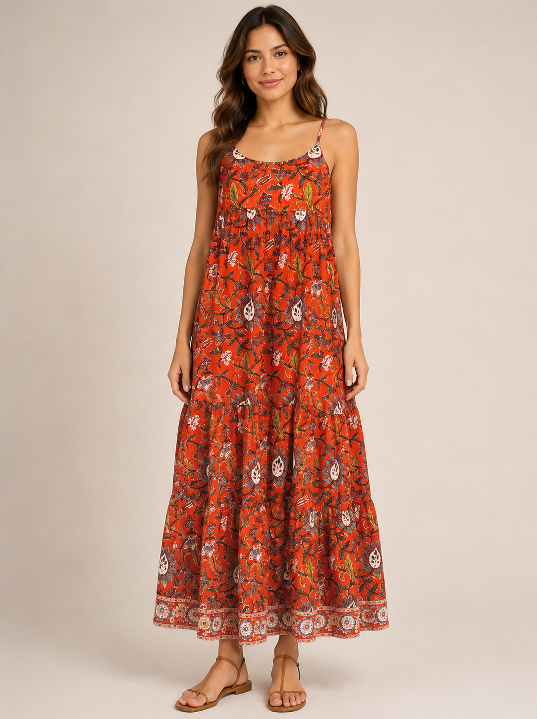 Hand Block printed summer dress in burnt orange